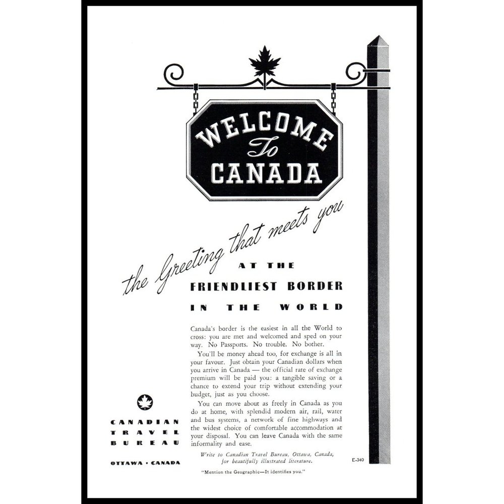 1940 Canadian Travel Bureau Welcome to Canada Sign Vintage Print Ad Wall Art